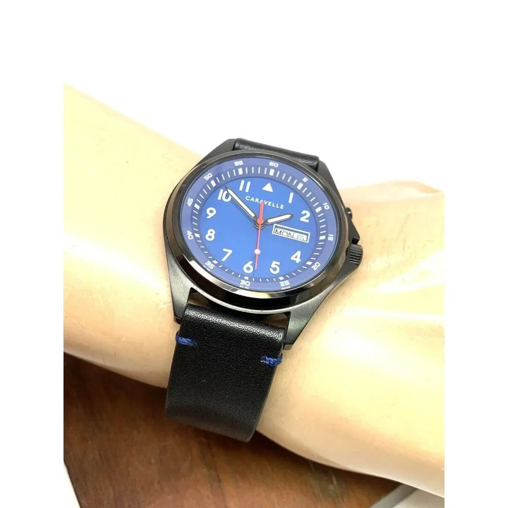 Caravelle by Bulova Men's Watch 45C118 Quartz Blue Dial Black Leather Band 40mm